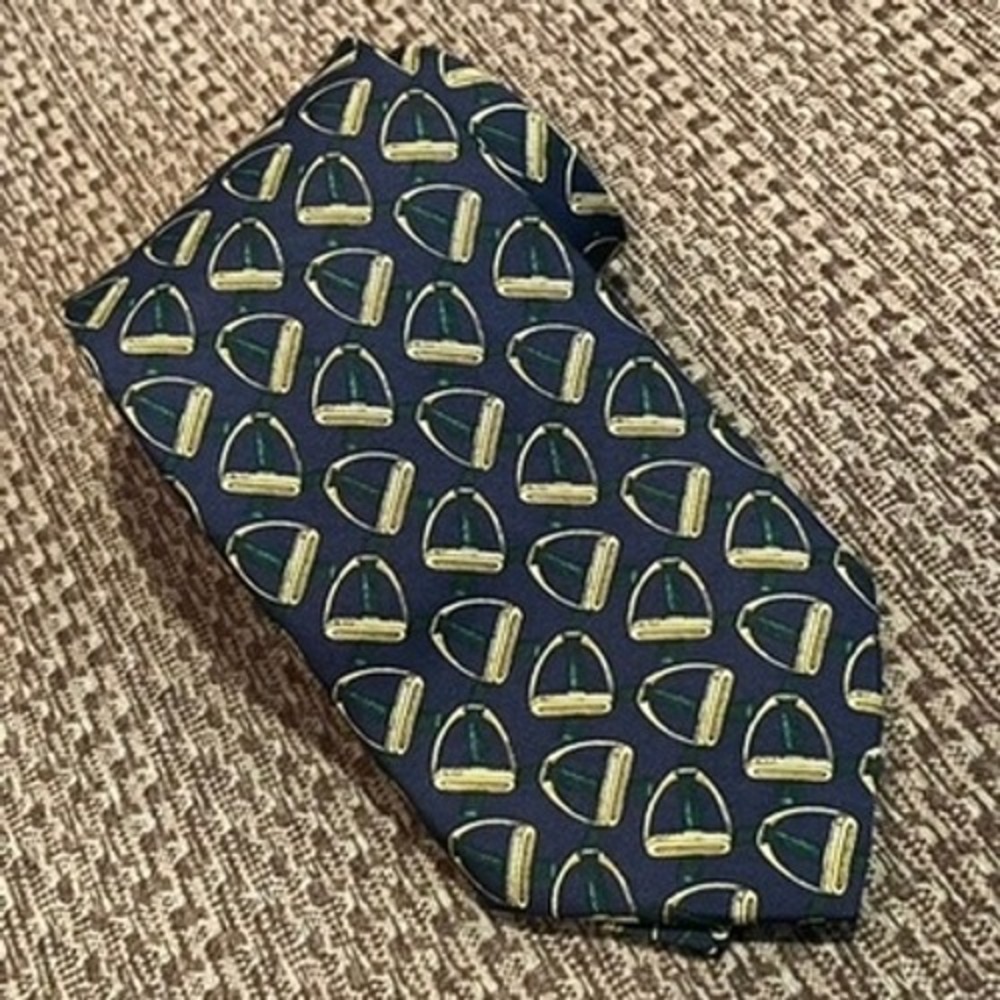 Brooks Brothers Makers Mens Silk Tie Navy Blue Equestrian Stirrup‎ Pattern USA